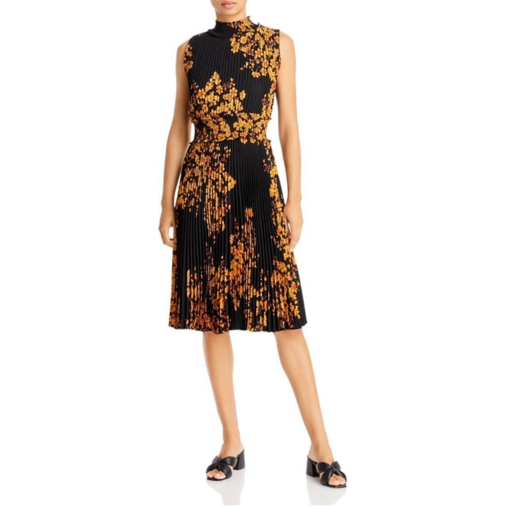 Black and gold floral print pleated midi dress
